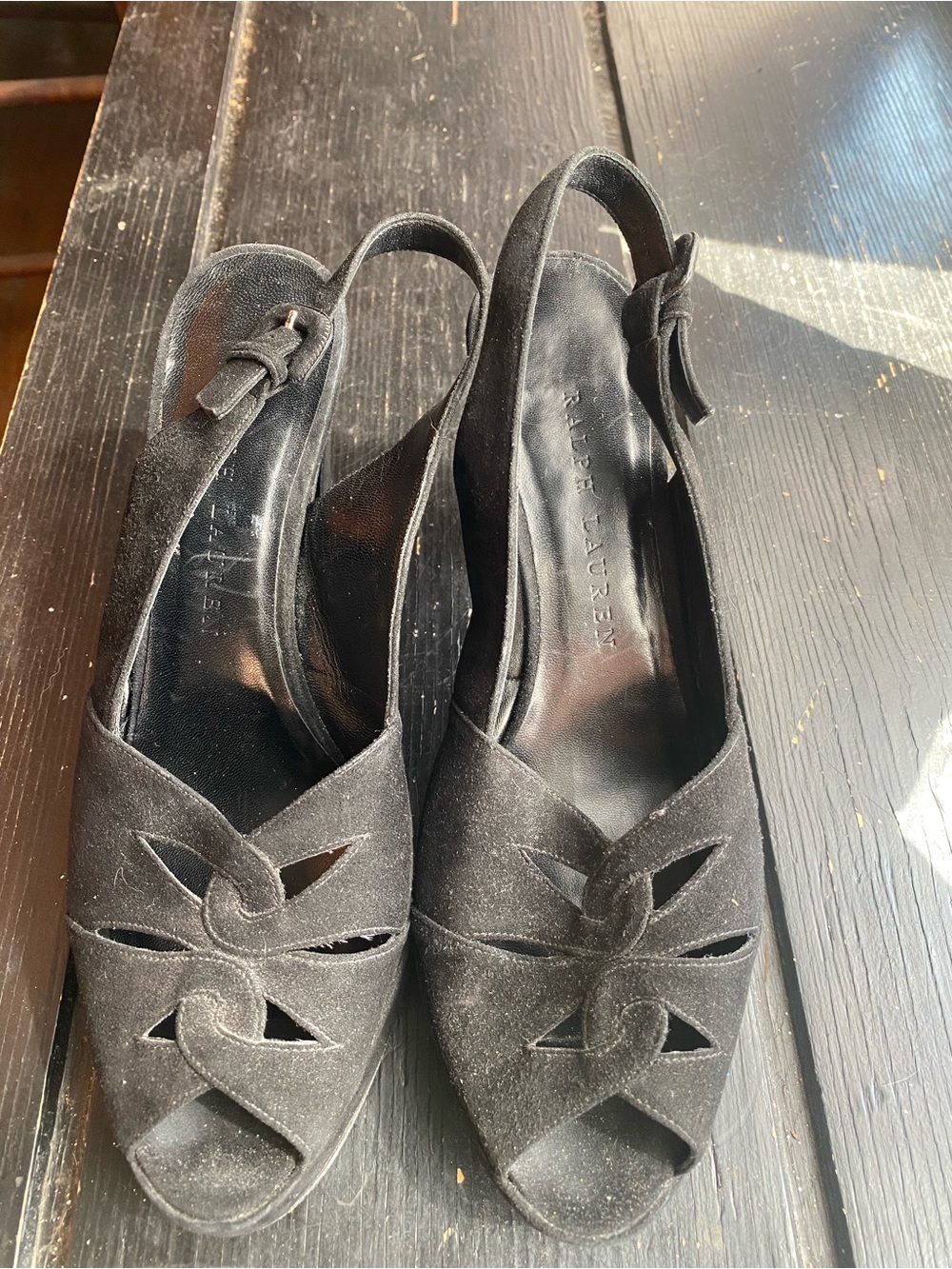 Ralph Lauren Black Suede Slingback Peep-Toe Heels with Cutout Detail